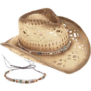 Men's Women's Straw Cowboy Hat Cowgirl Woven Sun Hat Western Cowboy Hat Two Decorative Bands, One Size