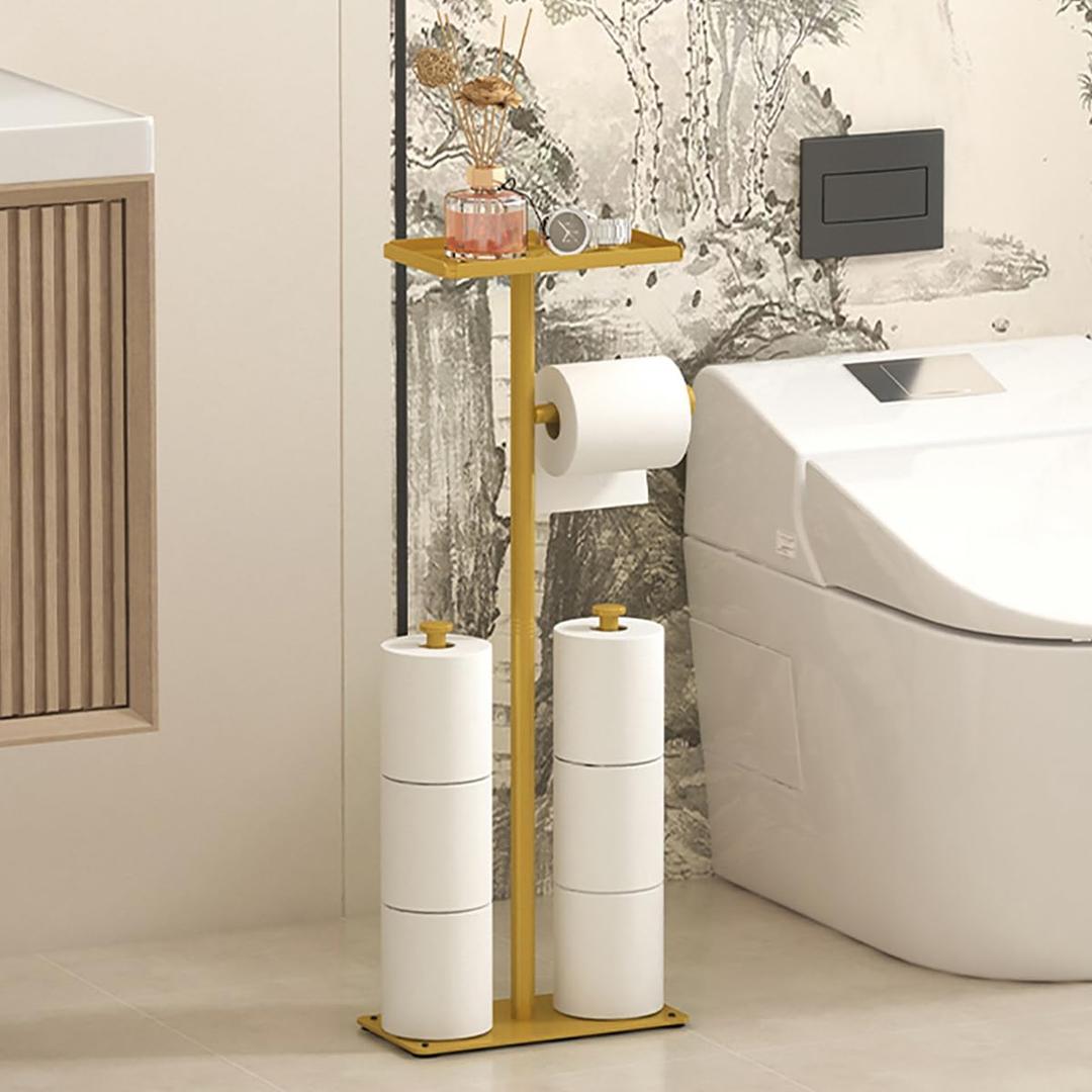 2 x Modern Bathroom Toilet Paper Holder Stand with Storage Shelf, Gold Metal, 23.2 Inch Height, 4-Roll Storage, Freestanding Design