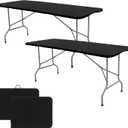Set of 2 Folding Table 8 FT Camping Table Portable Heavy Duty Plastic Rectangular Outdoor Dining Table Steel Legs Fold-in-Half with Carrying Handle for Indoor,Picnic,Party,Wedding,Events(Black)