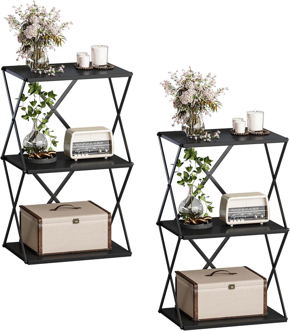 IRCPEN 3-Tier End Table Set of 2 Small Side Table Tall Bedside Night Stand with Storage Sofa Side desks for Living Room Bedroom Office Bathroom Small Space, Black ET-03BK-2