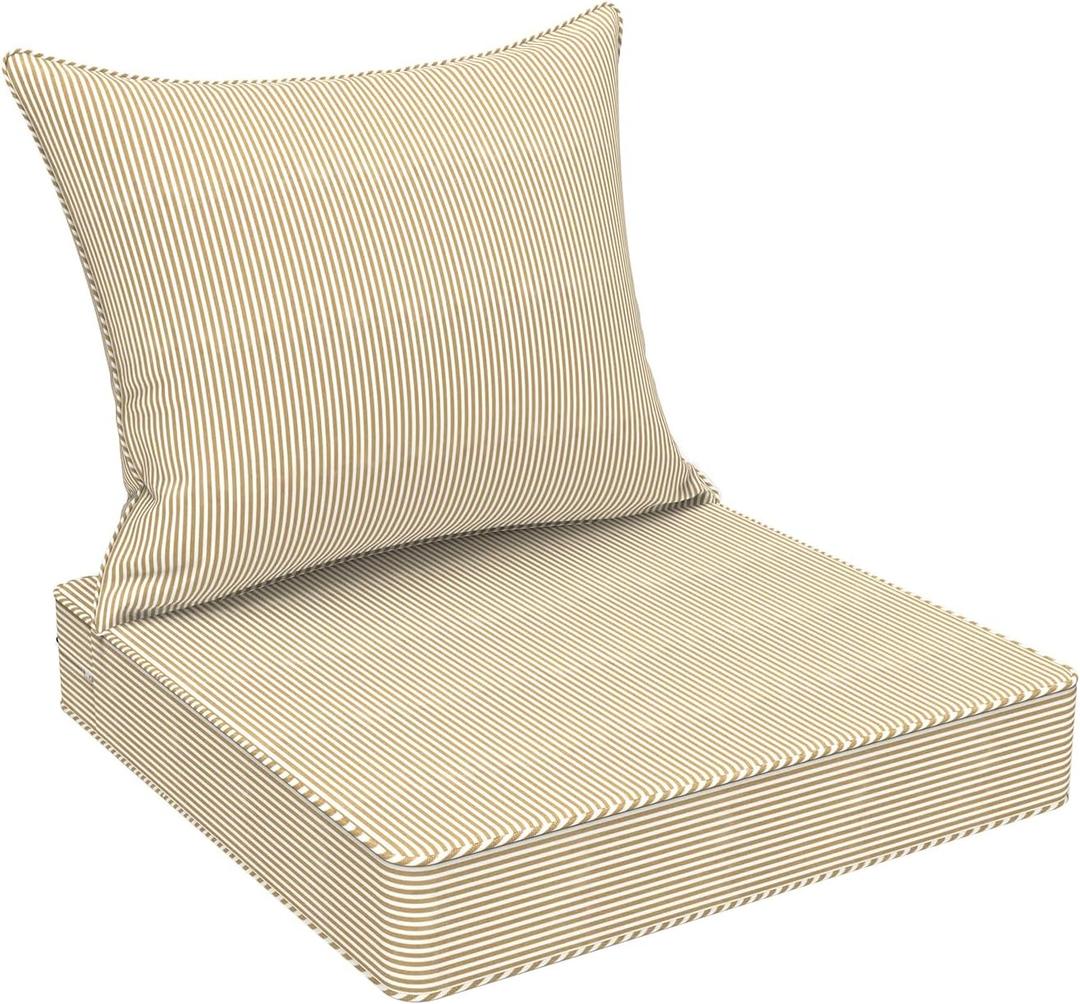 DYTXIII Outdoor Deep Seat Cushion Set, Water Repellent 22"x22" Patio Thick Cushions Replacement with Seat & Back Pillow for Patio Sofa, Wicker Chair, Couch - Stripe Beige, 22"x22"x4"