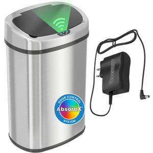 iTouchless 13 Gallon Oval Sensor Trash Can with AC Adapter & Odor Filter, 50L Automatic Kitchen Bin, Fingerprint-Proof Stainless Steel, Hands-Free Motion Lid, Quiet Soft-Close, Brushed Silver