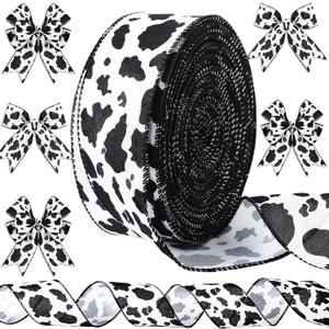 Berlune 50 Yards 2.5 Inch Cow Print Ribbons Wide Cow Ribbon White Black Craft Ribbons Long Wrapping Paper Gift Cow Party Favor Wired Edge Fabric Ribbon for Xmas Tree Wreath DIY Wreath Craft