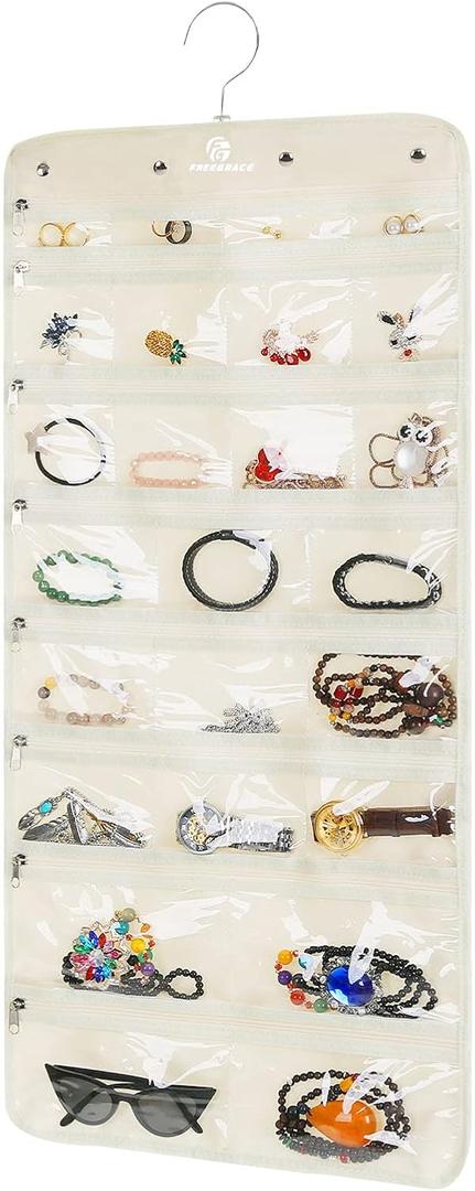 Hanging Jewelry Organizer with 50 Transparent Pockets, 360 Rotating Hanger & Secure Zipper Closure - Foldable Double Sided Jewelry Storage Bag for Earrings, Rings, Necklaces, Bracelets (Beige)