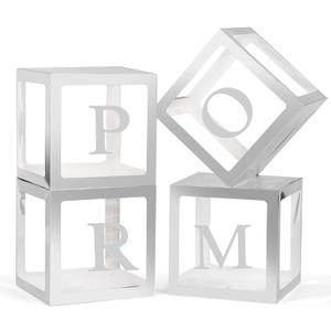 4 Pcs Prom Boxes with Letters 11.8 x 11.8 x 11.8 Inch Clear Prom Balloon Boxes Sliver for Prom Decorations 2025