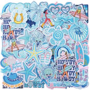 Zeyune 72 Pcs Coastal Cowgirl Iron on Patches Bulk Summer Ocean Embroidered Iron on Hat Patch Blue Beach Holiday Applique Sew on for Trucker Hat Backpack Clothes Shirt Jeans DIY Craft