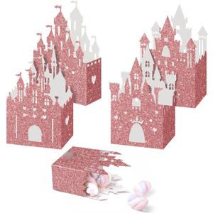 24 Pieces Princess Castle Candy Boxes Glitter Princess Castle Party Decorations Birthday Favor Boxes for Wedding Birthday Party Supplies(Rose Gold)