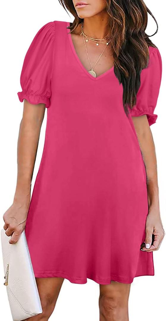 Aloodor Women's Casual Dresses Short Sleeve V-Neck Dress with Pockets (Large, 2b-pink)