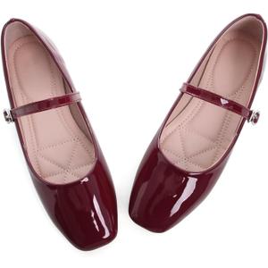 LUXINYU Women's Patent Leather Mary Jane Flats Classic Square Toe Ballet Flat Shoes with Buckle Strap Comfortable Work Flats, Red 9