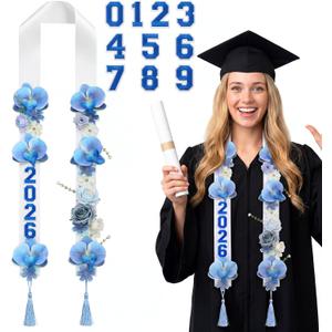 Graduation Leis Class of 2026 Artificial Flower Sash with 20 Sheets Number Iron on Patches DIY Grad Floral Lei Necklace for High School College Senior Grad Gifts Party Supplies(Blue)