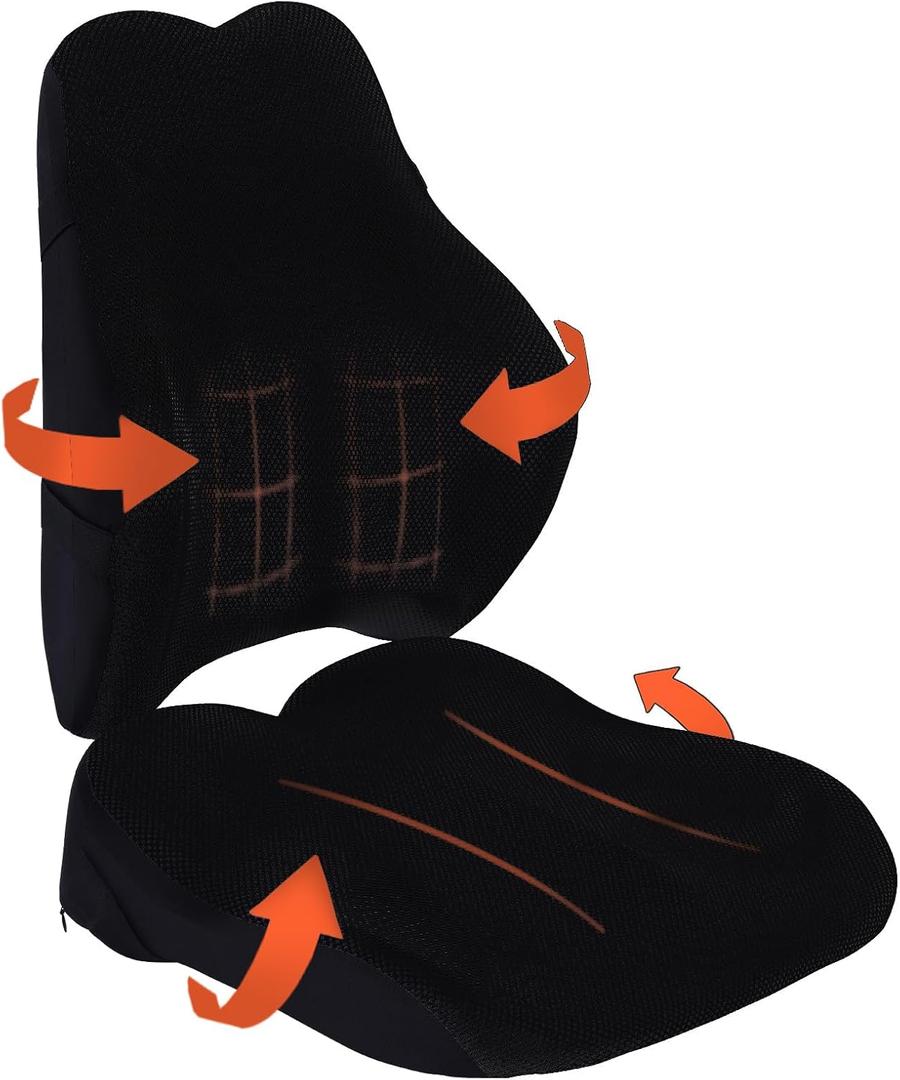 Wheelchair Cushion with Lumbar Pillow (2-Piece Set) for Adults and Seniors.Supportive Memory Foam for Back, Tailbone and Hip Pain Relief, Non-Slip Cover, Removable Straps. (Black)