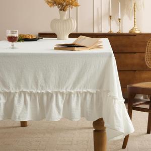 Romanstile Ruffle Rectangle Tablecloth - 60 x 120 Inch Farmhouse Vintage Washable Cotton Decorative Table Cloth with Flounces Trim for Dinner, Party, and Outdoor, White