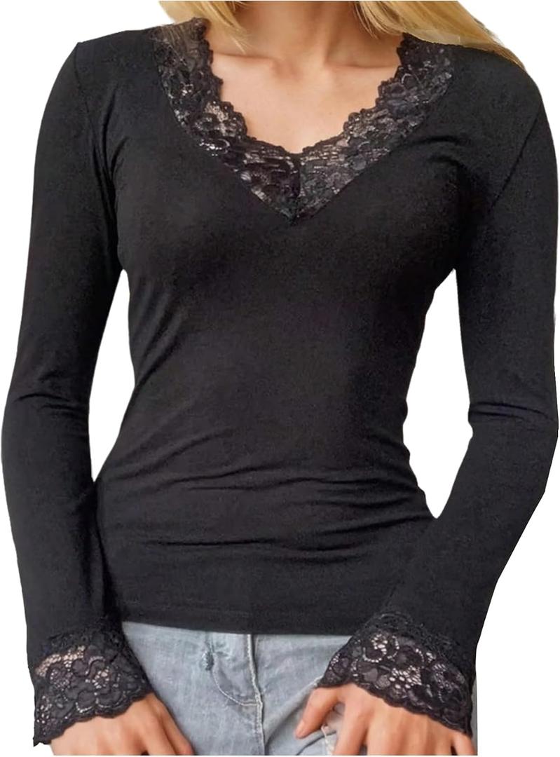 MakeMeChic Women's Floral Lace T Shirt V Neck Long Sleeve Fitted Going Out Tee Tops (Black, XL)