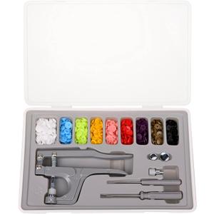 Plastic Snap Fastener Kit with Plier Screwdriver Awl and Storage Case, 100 Sets Snaps, 9 Colors T5 Buttons, 12mm Cap. Snap Plier for T3(10mm), T5(12mm), T8(15mm) Buttons, Grey