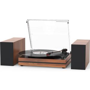 Vintage Record Player with External Speakers Belt-Drive Turntable for Vinyl Records Dual Stereo Speakers LP Players Support 3 Speed 3 Size Wireless Playback AUX Headphone Input Auto Stop Wood Red