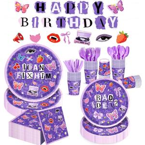 169Pcs Purple Music Birthday Decorations Pop Star Party Decorations Purple Birthday Plates Napkins Cups Banner Cutlery, Purple Party Supplies, Serves 24