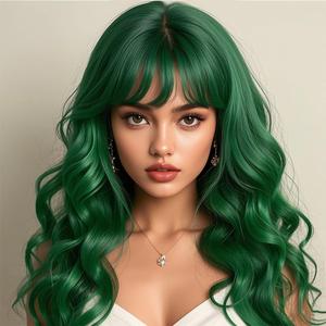 Sallcks Women' Long Curly Wavy Green Wig with Bangs Synthetic Heat-Resistant Halloween Cosplay Costume Wigs