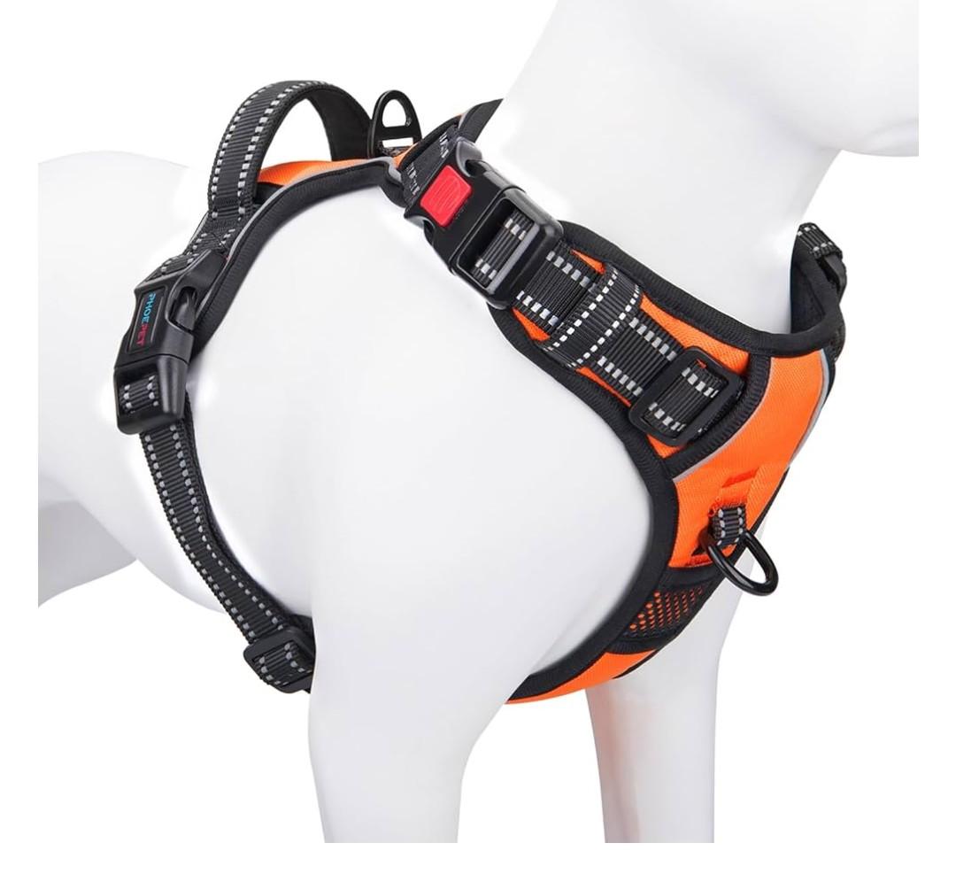PHOEPET Reflective Dog Harness Large Breed Adjustable No Pull Vest with with Handle 2 Metal Rings 3 Buckles [Easy to Put on & Take Off](L, Orange)