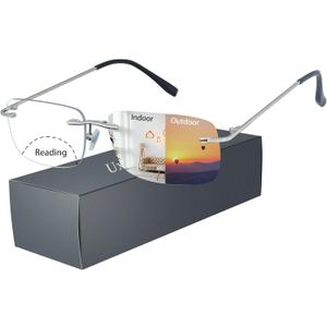 Bifocal Reading Glasses For Women Fashion, Photochromic Rimless Presbyopia Glasses Men-Anti UV/Blue Light +1.50