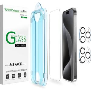 amFilm OneTouch 2+2 Pack Compatible with iPhone 15 Pro Screen Protector 6.1" Tempered Glass with Camera Lens Protector Accessories, Premium Easiest Installation Kit 9H HD, Case Friendly