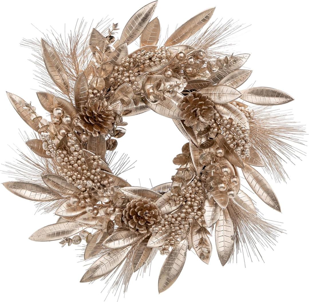 16" Artificial Christmas Wreaths for Front Door Champagne Wreath with Pinecones and Magnolia Leaves for Christmas Thanksgiving Winter Holiday Door Decoration