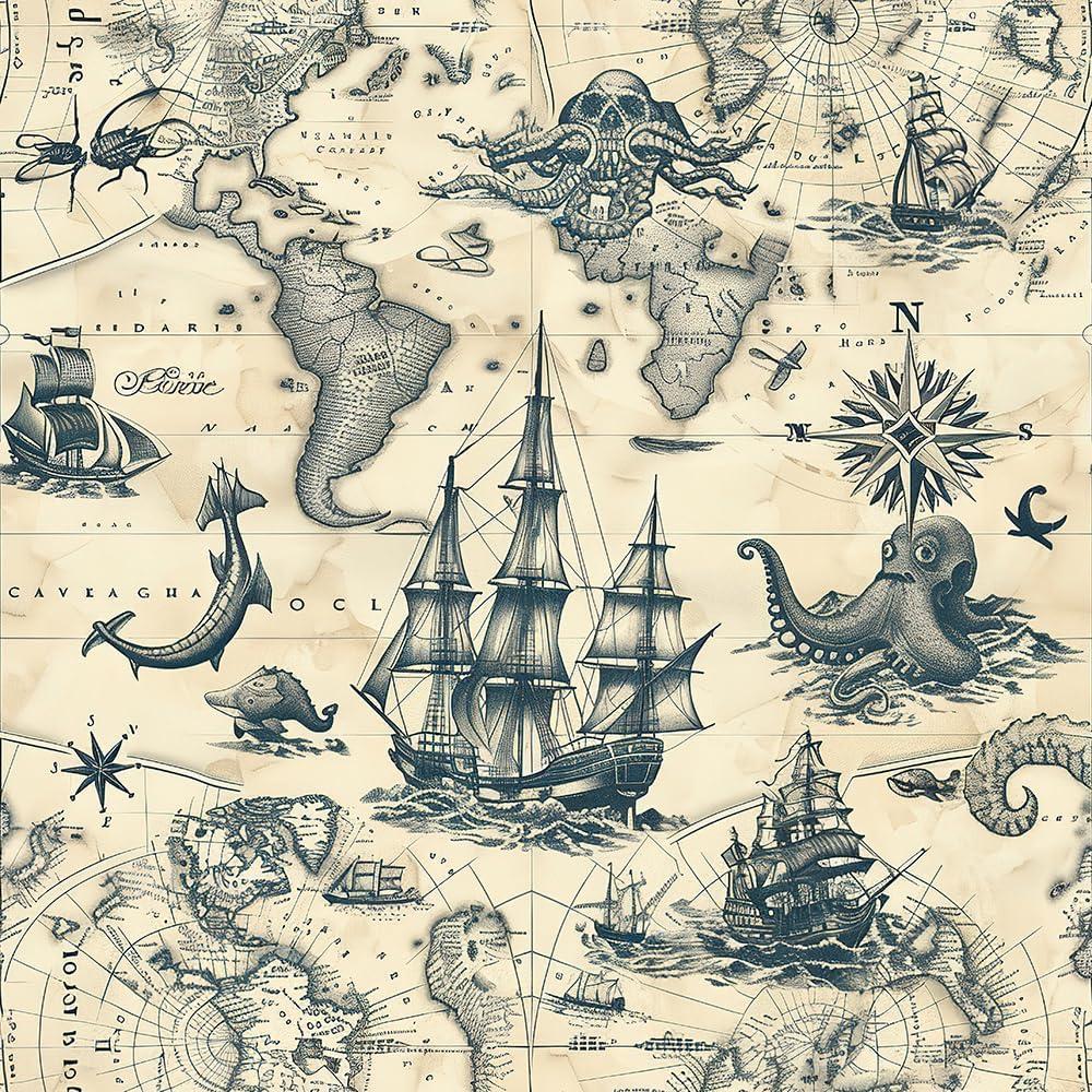 Vintage Yellow Sailing Boat Voyage Octopus Map Peel and Stick Wallpaper Wall Decor Self Adhesive Wall Paper Stick on Easy Peel Off Contact for Renter Apartment