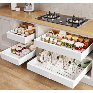 Seinloes 4 Pack Pull out Cabinet Organizer 21"Deep with Raising Pad for Framed Cabinets, Expandable Slide out Drawers for Kitchen Cabinets with 4pcs Divider Racks, Roll out Shelves 12.1"-20.4" W White