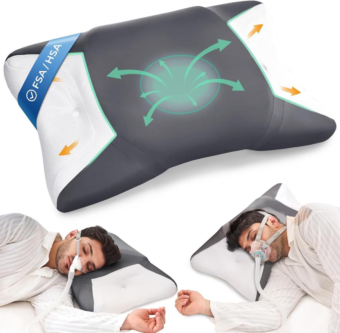 BAMHILL CPAP Pillow for Side Sleeping, HSA/FSA Ergonomic Orthopedic Pillow for All CPAP Masks Users, Cervical Neck Pillow for Neck Pain Relief for Side Back Sleeper, Reduce Air Leaks & Masks Pressure (Dark Grey)