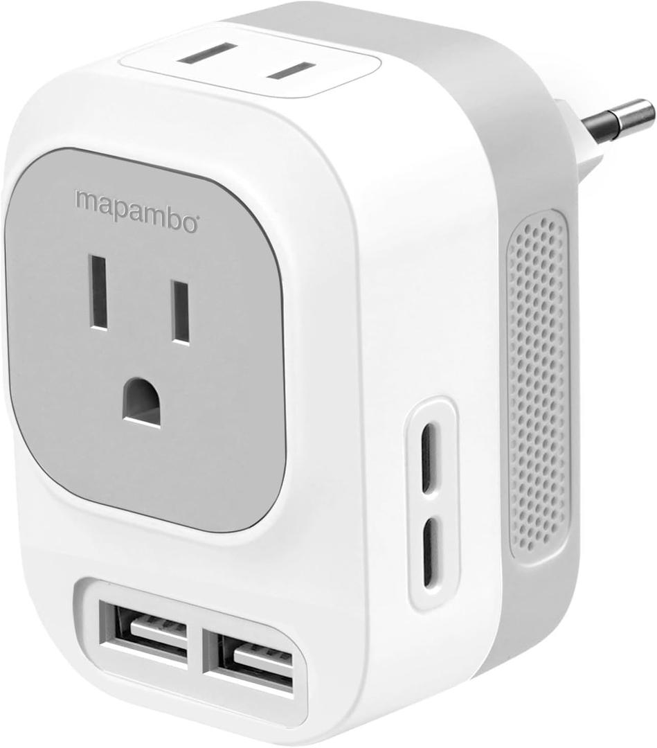 Voltage Converter US to Europe with 2 USB A & 2 USB C Ports Fast Charging, 220V to 110V Converter for European Travel Power Converter Adapter Combo for Germany France Italy Spain (White)
