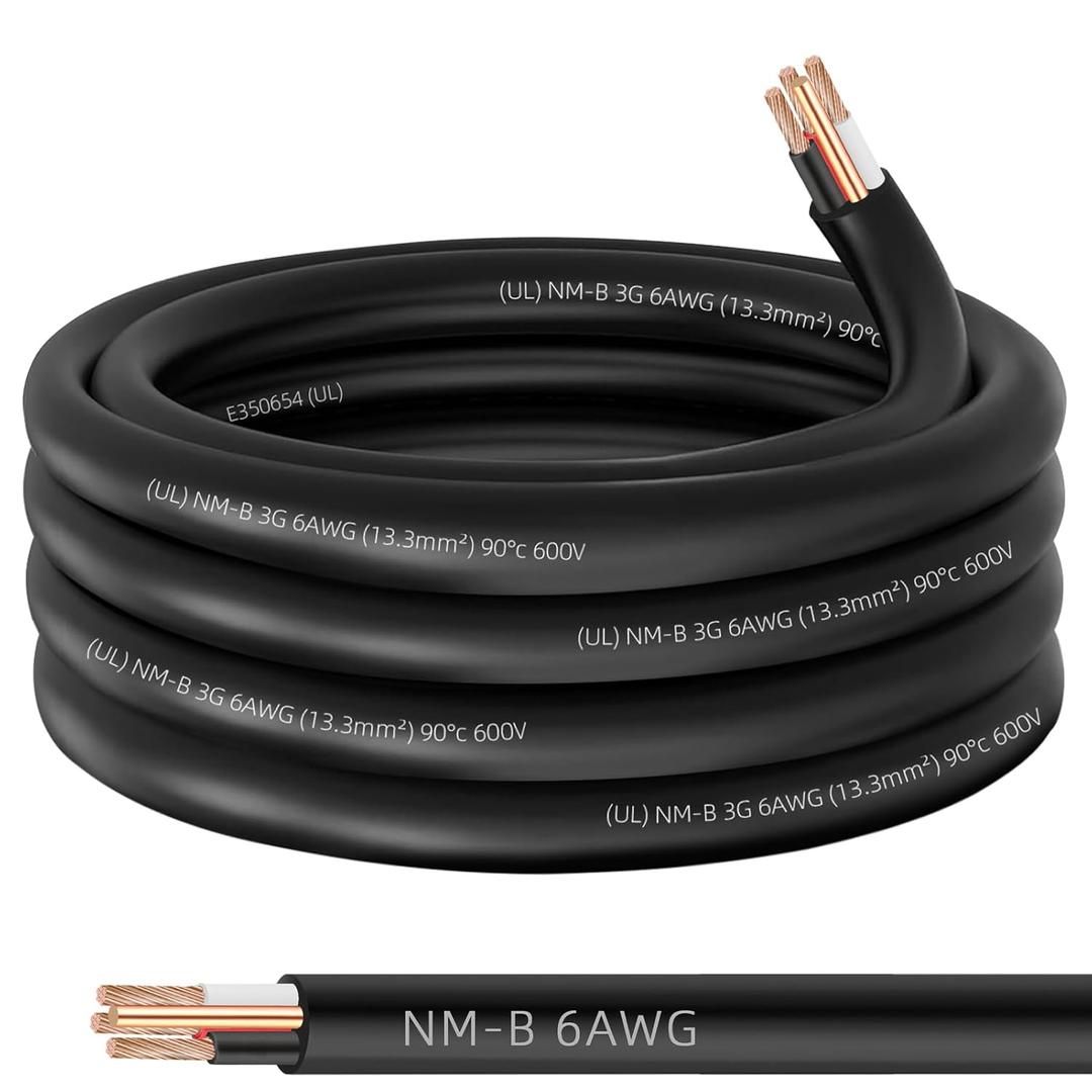 NM-B 6/3 Wire with Ground,20ft 6/3 6 AWG Copper Wire 6 Gauge 3 Conductor Nonmetallic Sheathed 6-3 NM-B Cable with Ground,Stranded Electrical Residential Indoor Wiring for Outlet,Switch and Other Loads