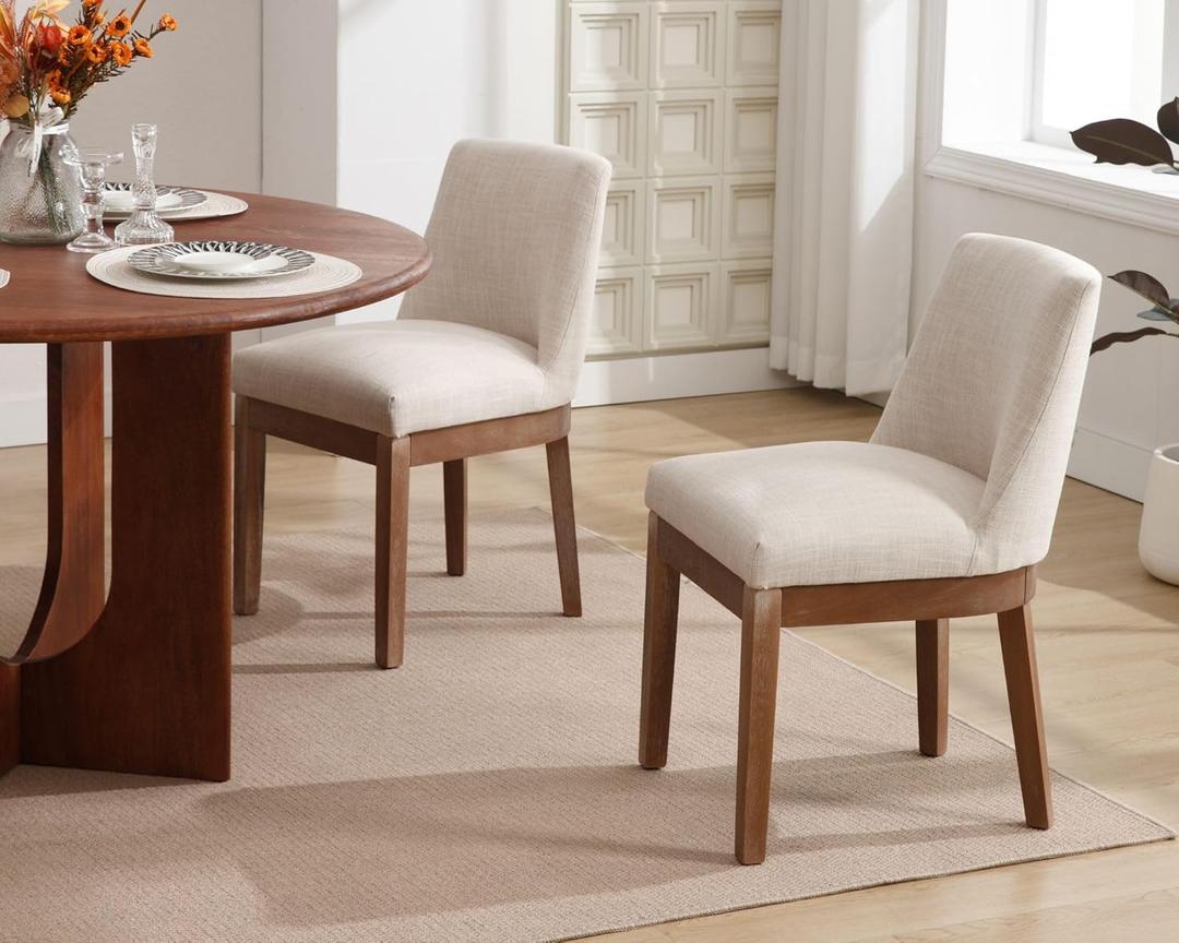 VESCASA 18" W Upholstered Dining Chairs with 13" H Padded Back, Farmhouse Dining Chairs with Natural Wood Legs for Kitchen, Dining Room, Set of 2, Beige Linen