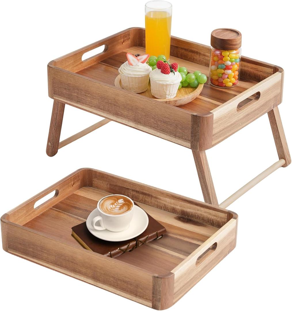 Acacia Wood Serving Tray with Retractable Legs - Convertible Breakfast Bed Tray & Camping Table, Portable Foldable Side Table for Dining, Picnic, Outdoor Use (Natural Wood Finish)