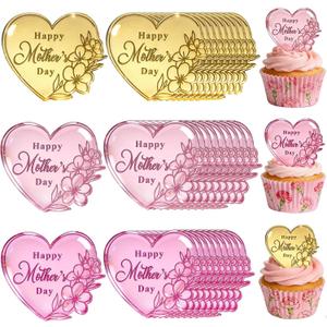 30Pcs Happy Mother's Day Cupcake Topper, Acrylic Cake Disc Heart Mirror Picks Engraved Mothers Day Cake Topper Heart Cupcake Decorations for Birthday Mother's Day Party Favor Gifts Decor (Heart), Standard