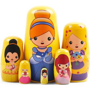 Princess Nesting Dolls for Girls Kids, 6 Pcs Princess Girls with Dress Handmade Wooden Nesting Dolls Matryoshka Doll for Kids Birthday Home Decoration