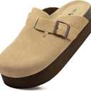 Women's Suede Clogs Cork Footbed Sandals Comfort Platform Mules with Arch Support Adjustable Buckle Slip On Slippers (7, Kakhi)