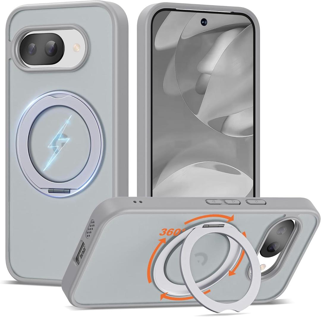 Compatible with Google Pixel 9a Case with 360 Magnetic Ring Stand Compatible with Mag-Safe Shockproof Translucent Phone Case for Google Pixel 9a 6.3", Grey