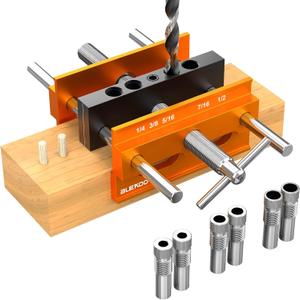 BLEKOO Upgraded 6.7 inch Self Centering Doweling Jig Kit, Drill Jig For Straight Holes Biscuit Joiner Set With 6 Drill Guide Bushings, Adjustable Width Drilling Guide Power Tool Accessory Jig (Orange)