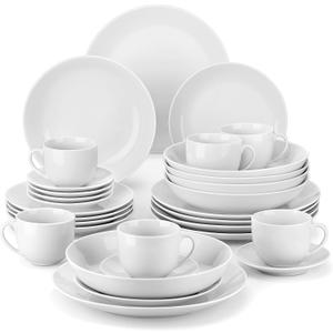 MALACASA 30-Piece Gourmet Porcelain Dinnerware Sets, Modern White Round Dish Set for 6 - Premium Serving Plates and Bowls Sets for Dessert, Salad, Soup, Pasta - Series AMELIA