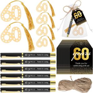Spakon 25 Set 60th Birthday Party Favor for Guest Anniversary Party Favor Golden Birthday Bookmark Thanks for Coming Pen with Tag