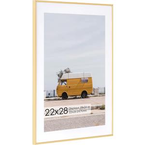 Fun Memories 22x28 Metal Picture Frame with 18x24 Mat, Brushed Aluminum Finish, Tempered Glass Front, and Attached Hanging Hardware - Wall Display Frames for Vertical or Horizontal Orientation - Gold