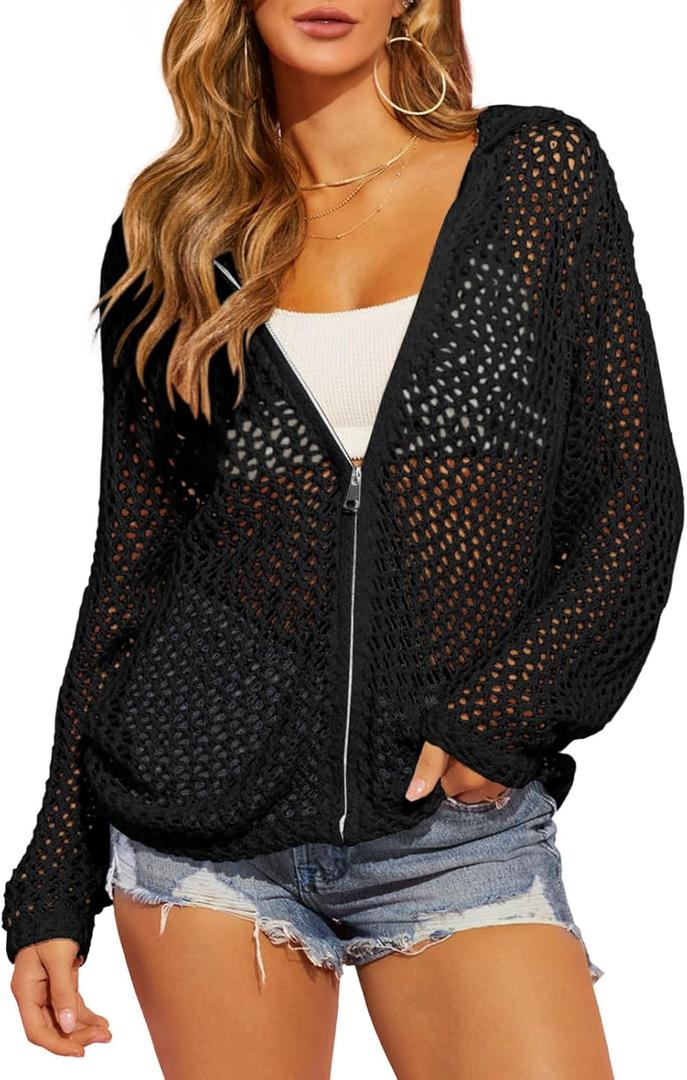 Saodimallsu Womens Crochet Lightweight Cardigans Zip Up Hooded Long Sleeve Knit Sweaters Mesh Beach Swim Cover Up (Black, M)