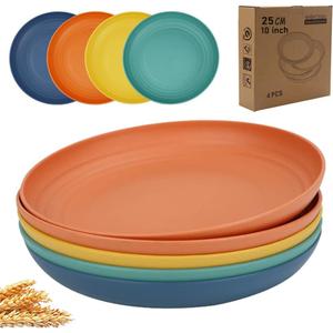 K Y KANGYUN 10 Inch Unbreakable Wheat Straw Dinner Plates, Set of 4 - Dishwasher Safe, Perfect for Camping and Dinner Dishes, BPA Free (Classic Bright)
