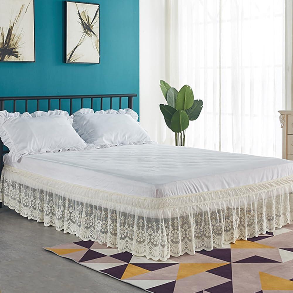 Ivory Lace Bed Skirt for Queen Bed - 15in. Drop, Easy Fit Ruffle Bedskirt Wrap Around Bed Skirt, Anti Wrinkle & Fade Resistant (Queen(60" X 80"))