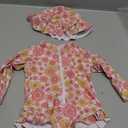 Baby Girl Swimsuit Long Sleeve One-Piece Swimwear with Hat Rash Guard Ruffle Floral Zipper Beach Infant Bathing Suit Newborn