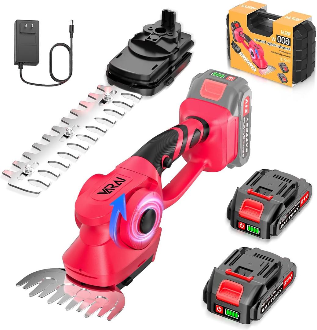 Cordless Hedge Trimmer, 2-in-1 Hedge Trimmer, Ultra Long Battery Life with Battery*2, High-Power and High-Capacity Grass Trimmer for Gardens, Yards and Lawns, Including Charger (Red-Black)