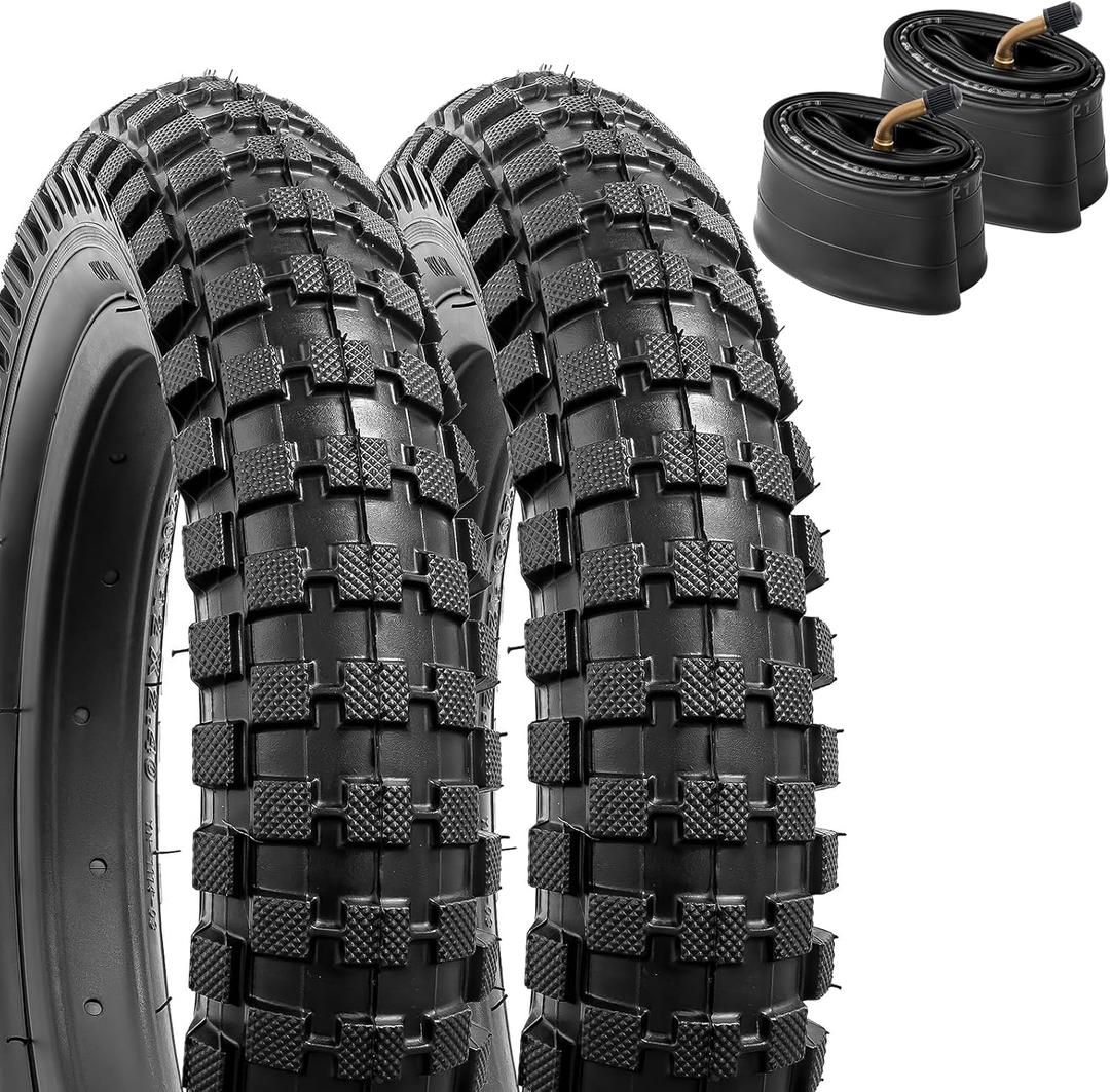 YunSCM 2-PCS 12" Kid Bike Tires 12x2.40/64-203 and 12/12.5" Heavy Duty Bike Tubes CR202 Angled Valve Compatible with Mountain Bike 12x2.35 12 x 2.40 Bike Bicycle Tires and Tubes (Y-1091)