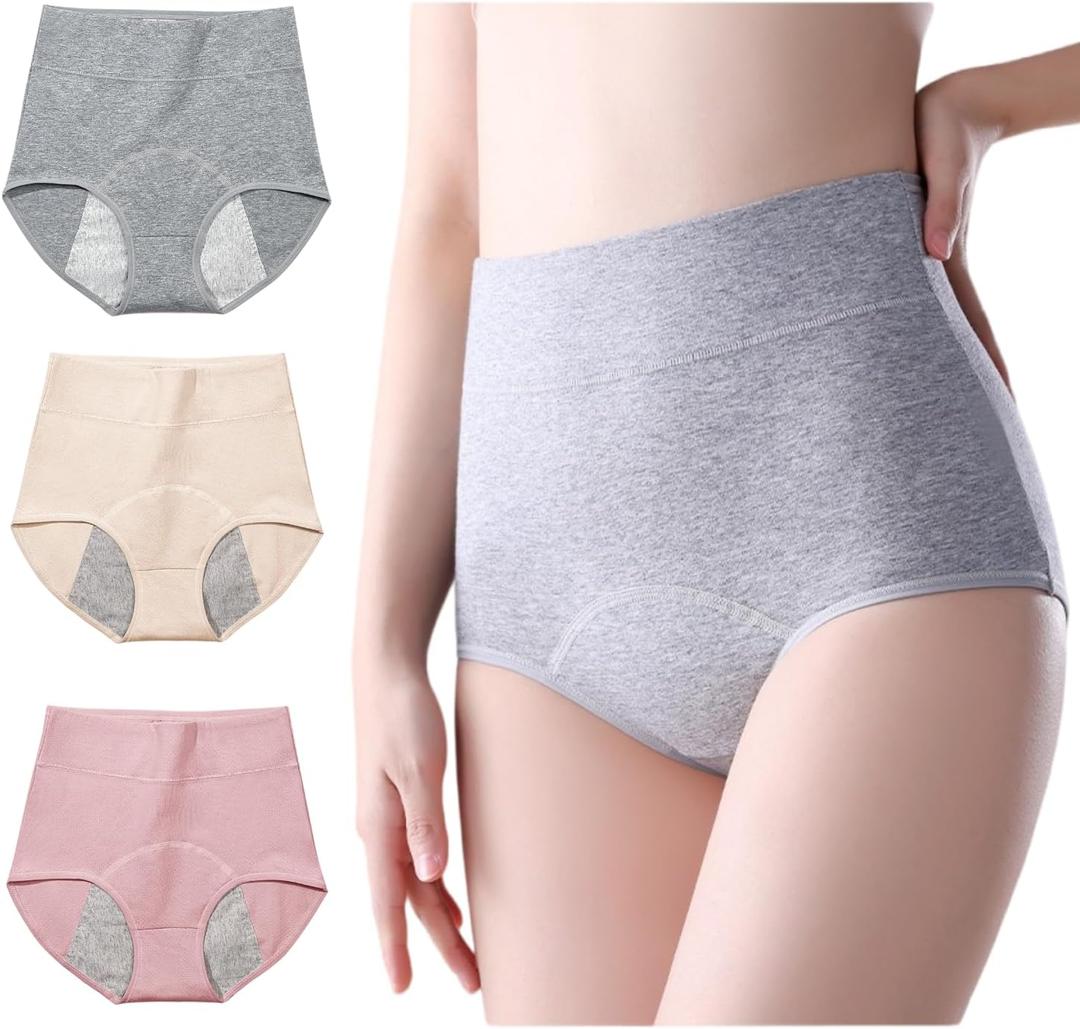 3 Pack Women's Incontinence Underwear Washable, Double Elastic High Waist Adult Incontinence Protective Briefs, Reusable for Light Bladder Leakage(S-Waist: 21.3''~35.4'') (Dark Grey/Pink/Beige)