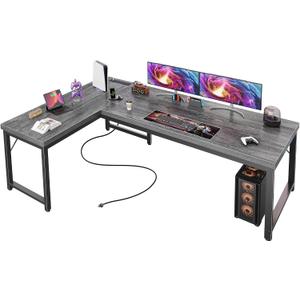Huuger 63 Inch L Shaped Desk with Power Outlets and USB-C Port, Reversible Computer Desk, Larger Office Corner Gaming Desk, 0.95 Inch Thicker Desktop, Metal Frame, for Home Office, Study, Grey