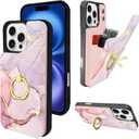 Compatible with iPhone 16 Pro Max Wallet Case with Card Holder, 360Rotation Finger Ring Holder Kickstand Protective RFID Blocking PU Leather Pattern Double Buttons 6.9" Pink Marble