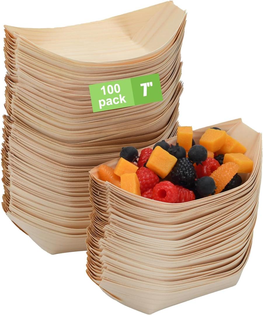 100 Pcs 7-Inch wood Appetizer Boats - Disposable Wooden Serving Trays for Canaps, Sushi, Snacks - Eco-Friendly Biodegradable Party Plates for Weddings, Birthdays, BBQs & Events